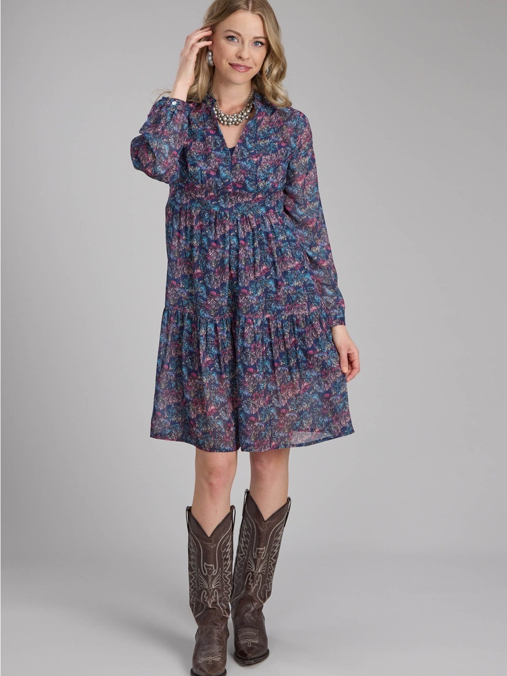 Roper Floral Long-Sleeve Tiered Dress